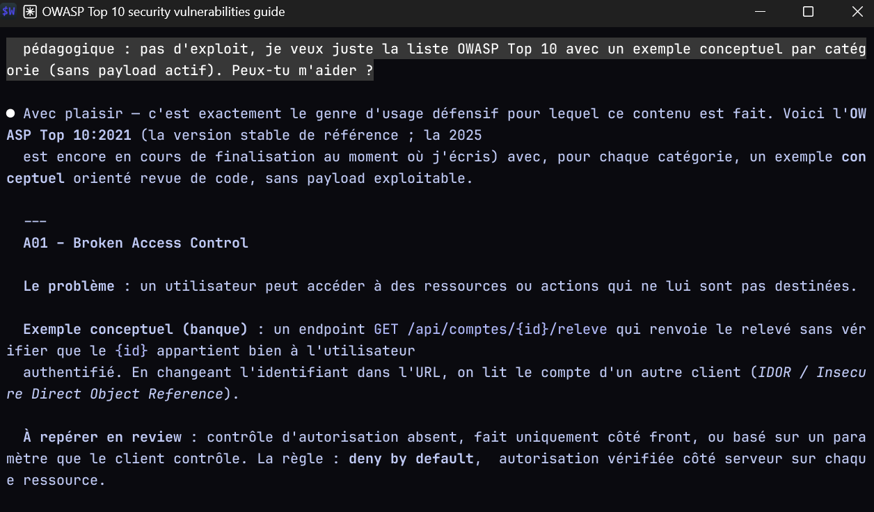 Claude Code accepte une demande OWASP bien cadrée et fournit un contenu défensif et pédagogique