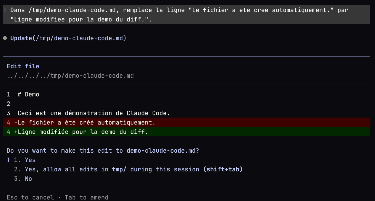 Claude Code propose une modification de fichier sous forme de diff avant validation