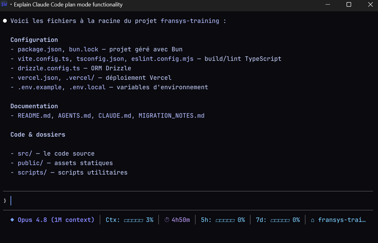 Claude Code liste et synthétise les fichiers d'un projet via l'outil Bash, depuis le terminal