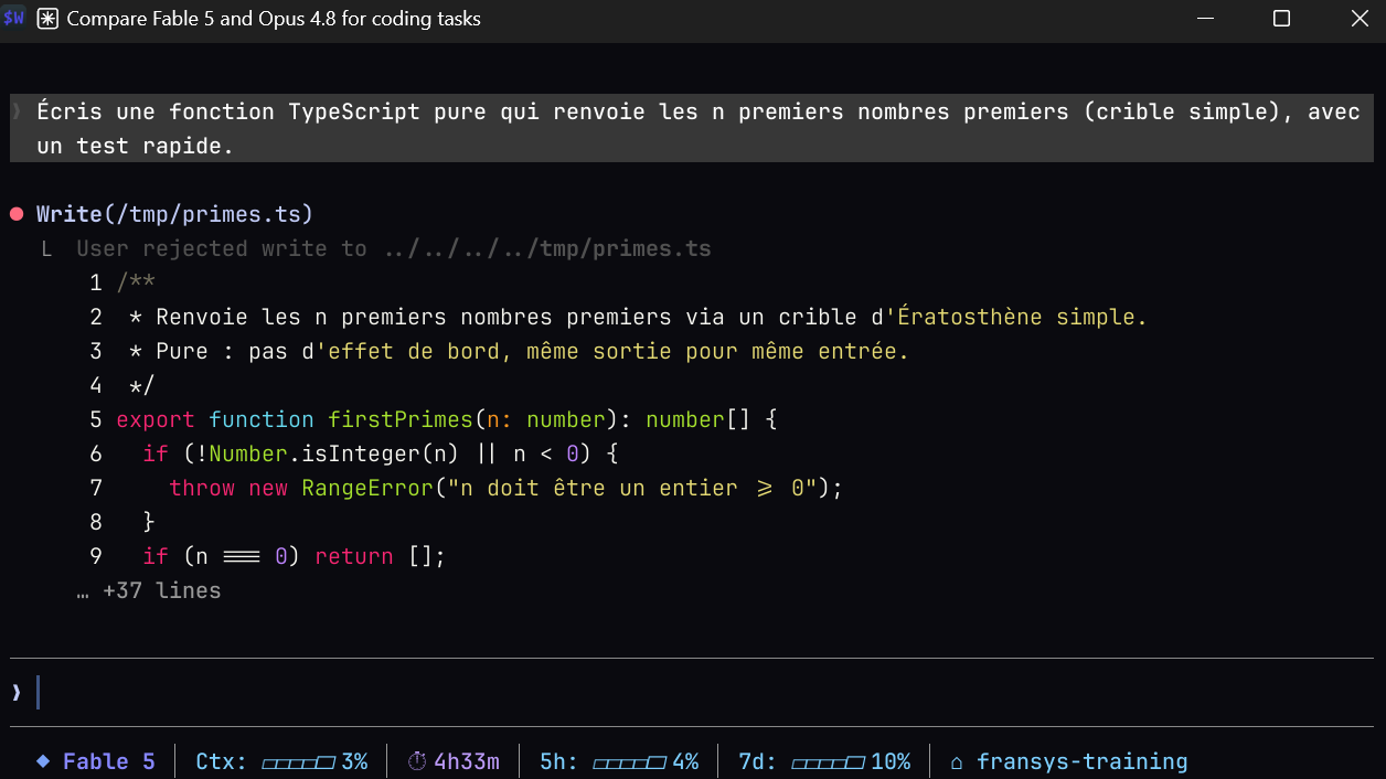 Opus 4.8 ou Fable 5 (avant suspension) en mode reasoning génère une fonction TypeScript, statusline visible