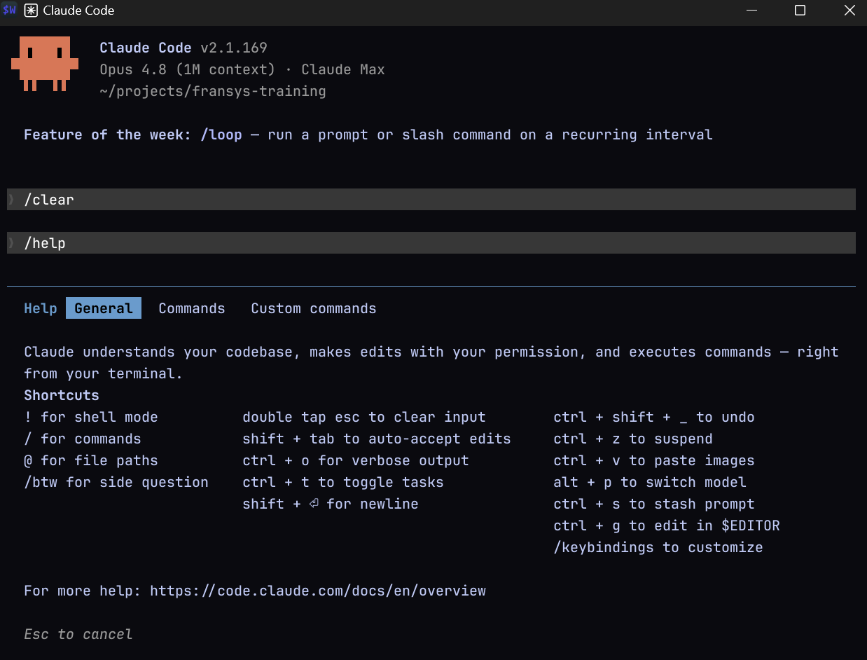 Panneau /help de Claude Code : raccourcis clavier et modes de saisie