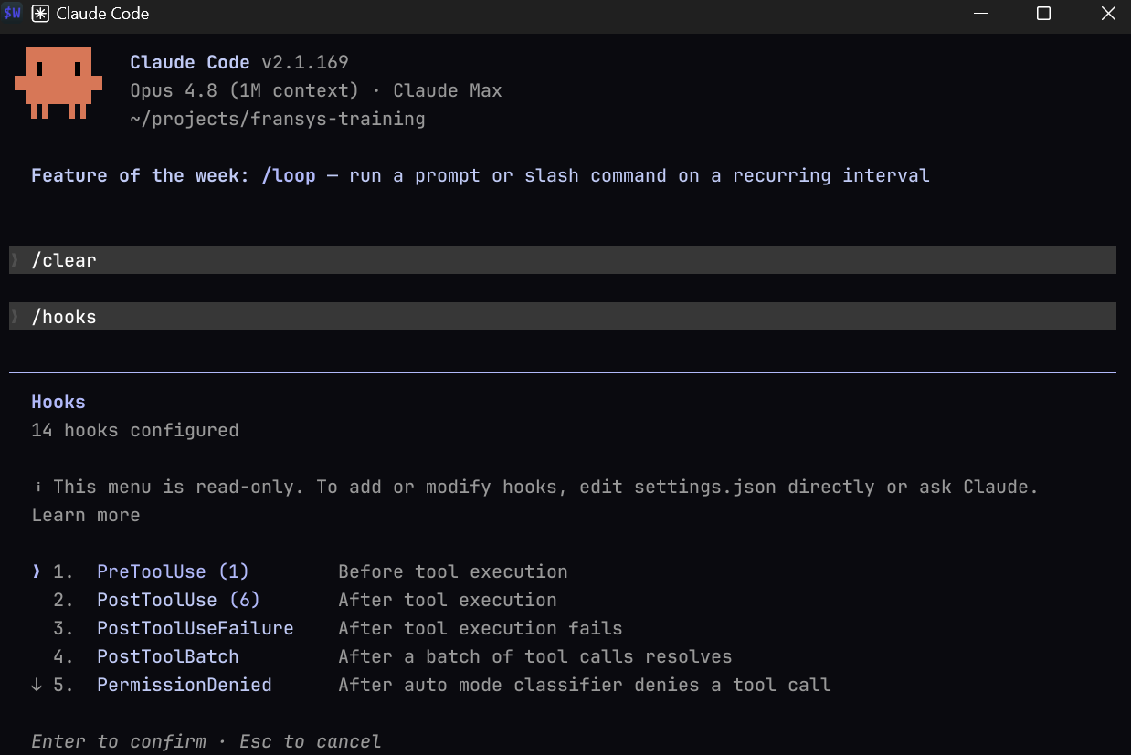 Panneau /hooks de Claude Code listant les hooks configurés par événement