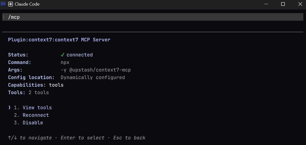 Vue détail d'un serveur MCP dans Claude Code : statut connecté, transport, capacités et actions