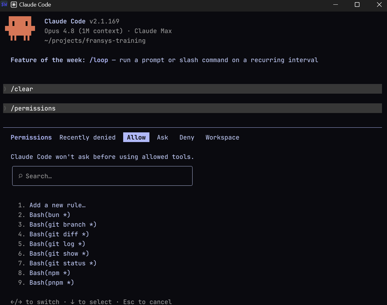 Panneau /permissions de Claude Code : onglets Allow / Ask / Deny et règles d'outils