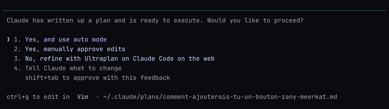 Prompt d'approbation du plan dans Claude Code : proceed avec auto mode, validation manuelle, ou affiner