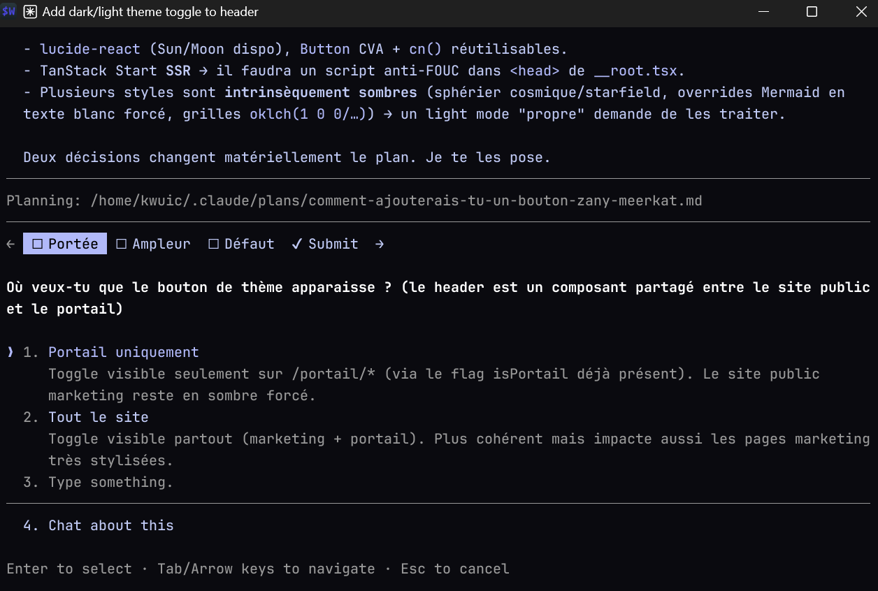Claude Code en mode plan : analyse du code et questions structurées avant de proposer un plan