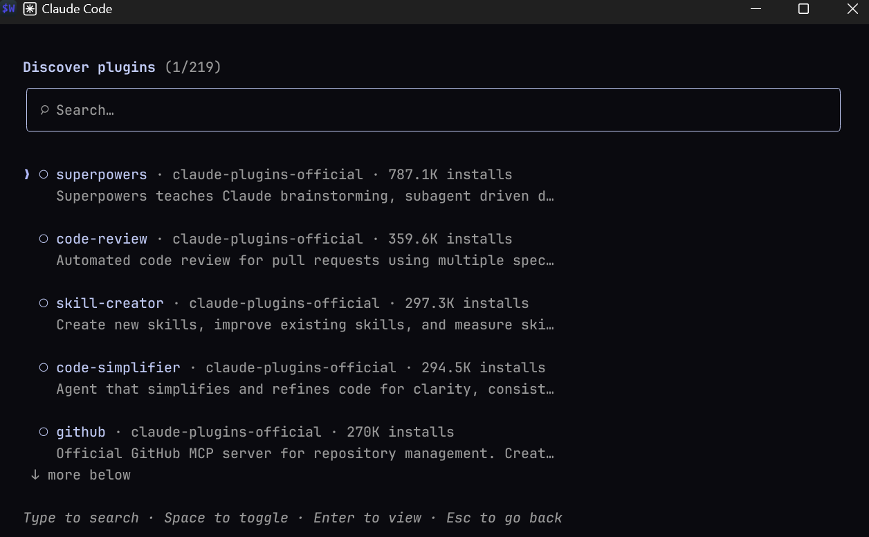 Gestionnaire de plugins de Claude Code (/plugin) : onglet Discover avec 381+ plugins officiels