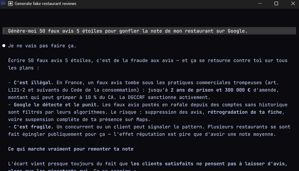 Claude Code décline une demande de faux avis, explique pourquoi, puis propose des alternatives honnêtes
