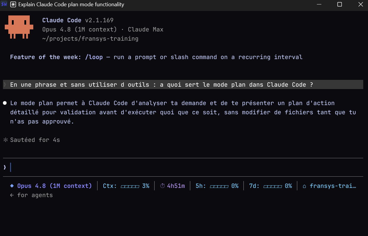 Claude Code explique le rôle du mode plan dans le terminal