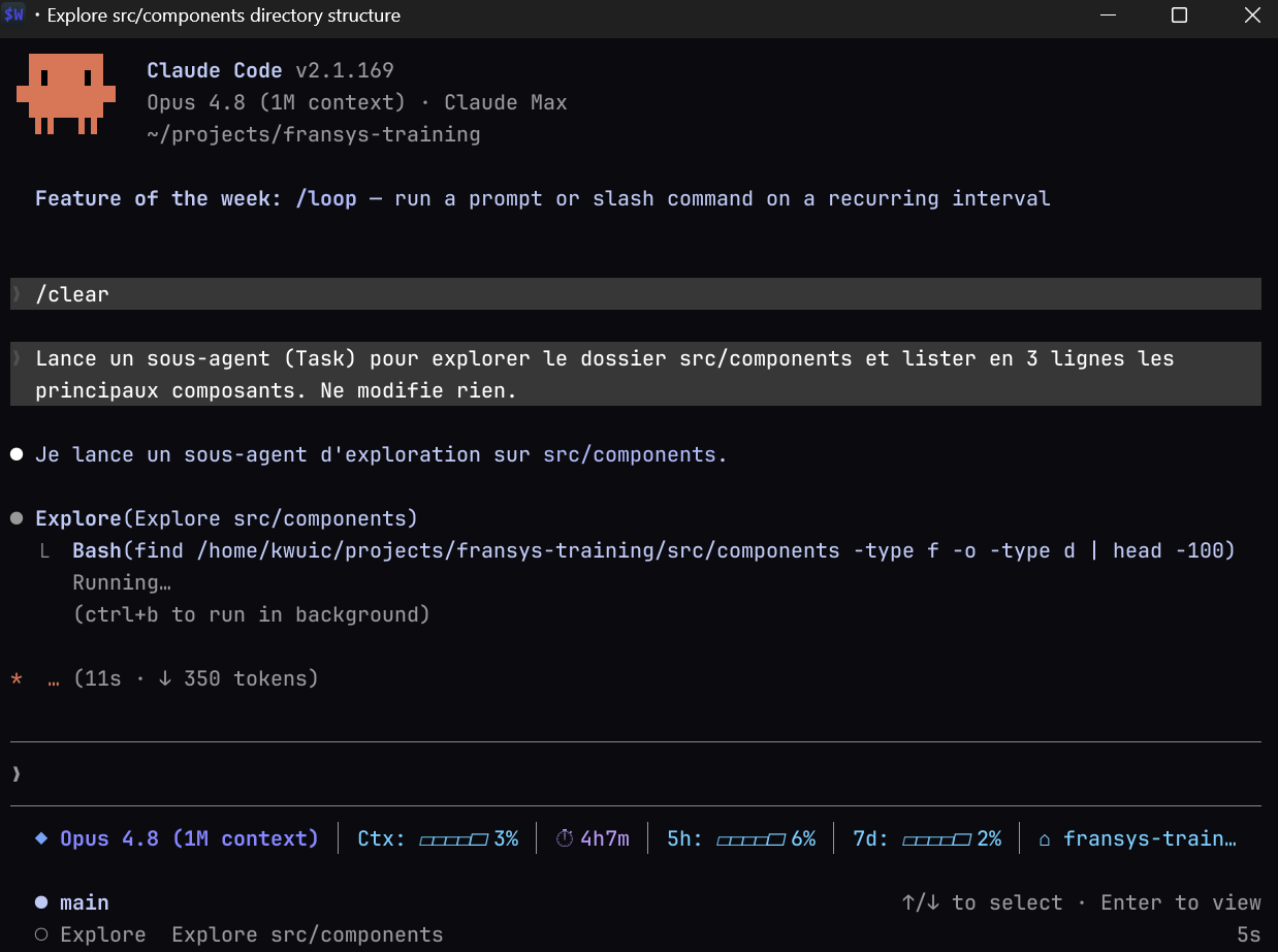 Claude Code délègue à un sous-agent Explore qui exécute ses propres outils