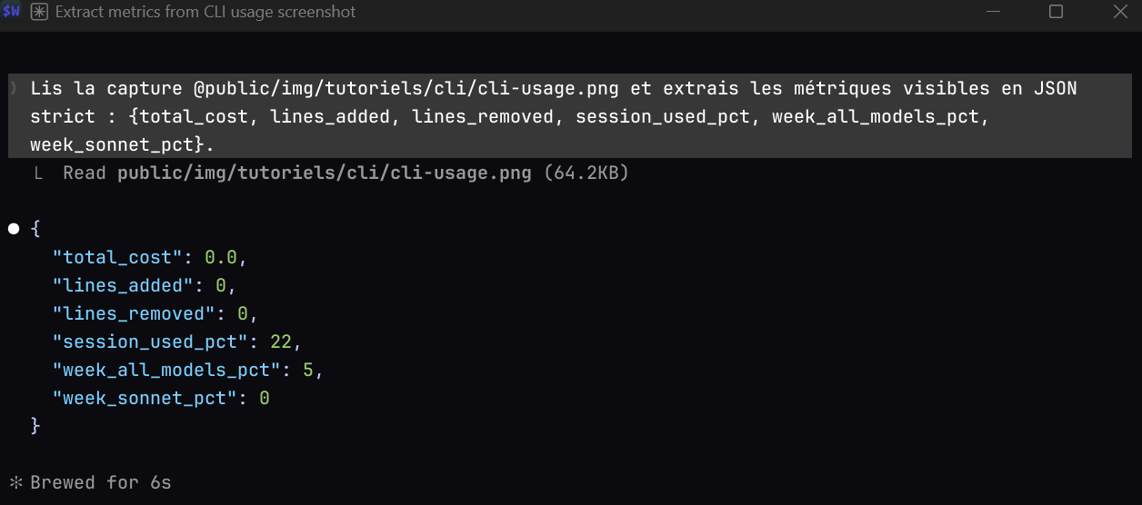 Claude Code lit une capture d'écran via @ et en extrait les valeurs en JSON structuré