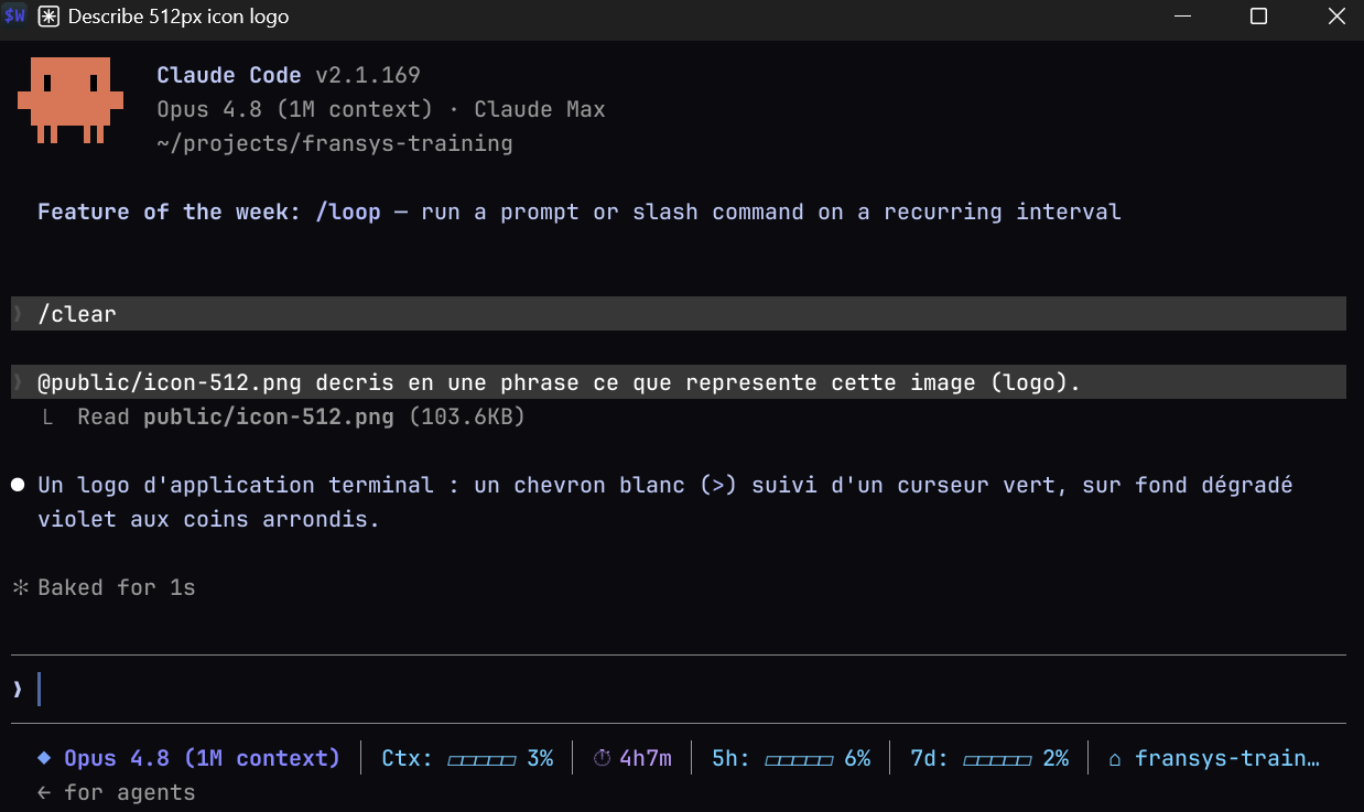 Claude Code lit une image via @fichier et la décrit : vision multimodale dans le terminal