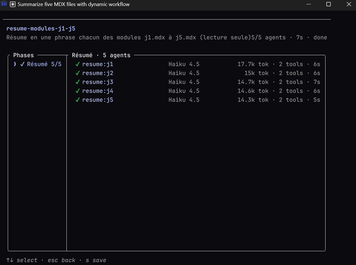 Vue de progression /workflows : 5 sous-agents parallèles sur Haiku 4.5 avec tokens, outils et durée
